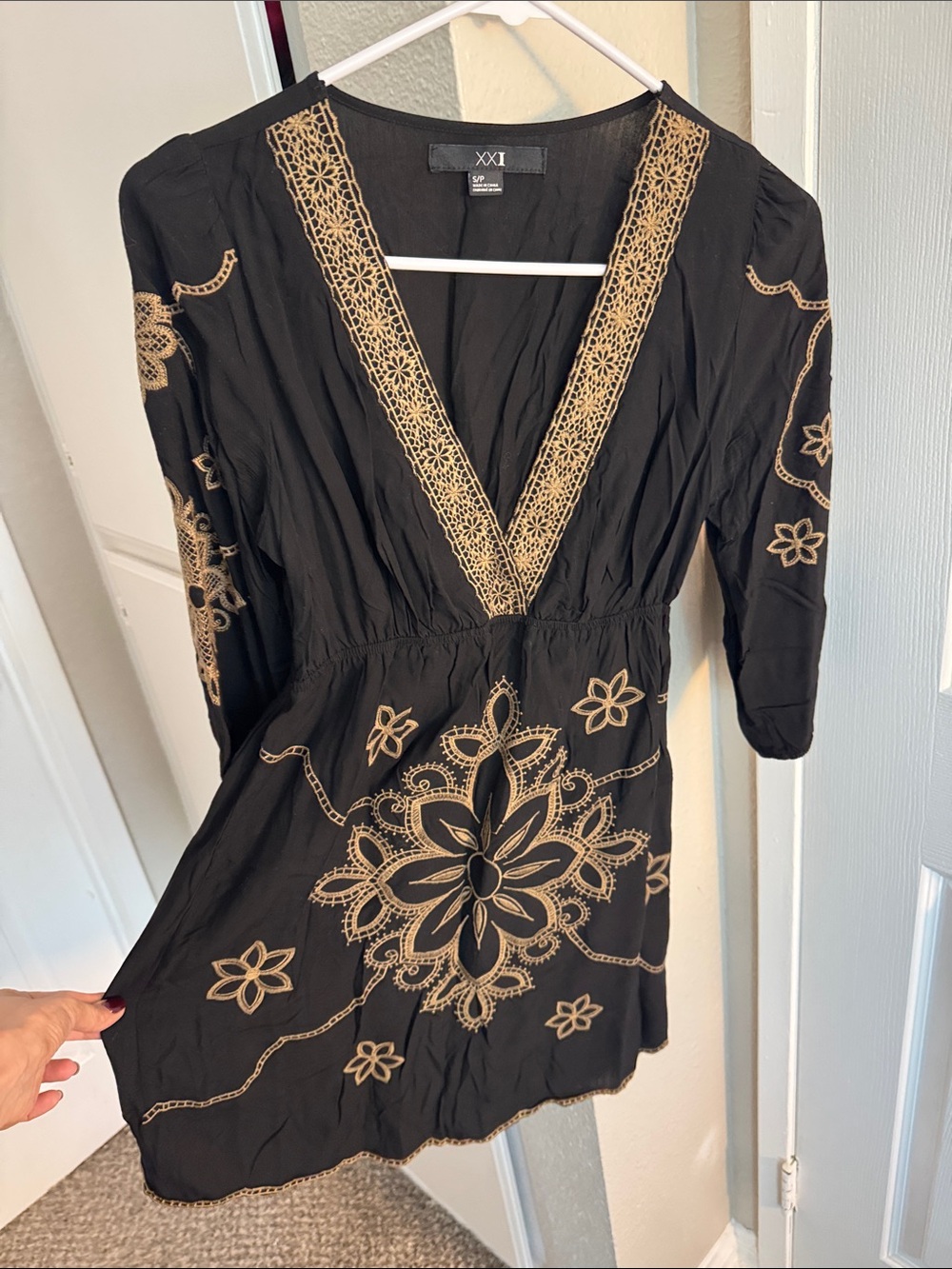 XXI Black V-Neck Tunic with Gold Embroidery